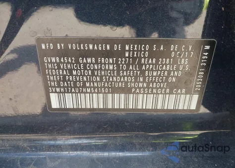 2017 Volkswagen Golf Alltrack Tsi S/Tsi Se/Tsi Sel из США, поврежденный, VIN 3VWH17AU7HM541501